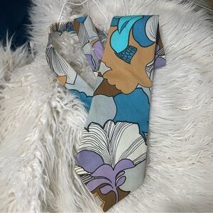 🌸SOLD🌸 Vintage Mens Necktie Blue Tiki Print Floral Hawaiian Barkcloth Bold